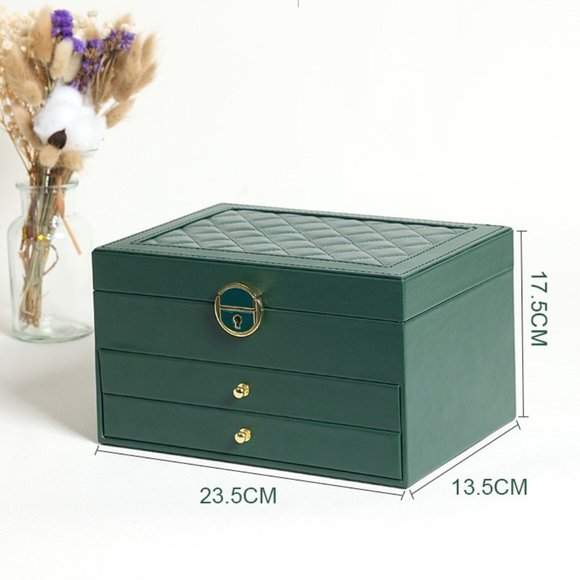 White Three Layer Lockable PU Leather Jewelry Storage Box with Lock and Drawers - Picture 4 of 8